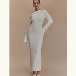 Meshki One Shoulder Knit Fluffy Cream/white Dress Stretchy